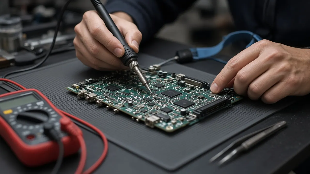 Ilustrație: tehnician care lucrează la placa electronică a unui televizor
