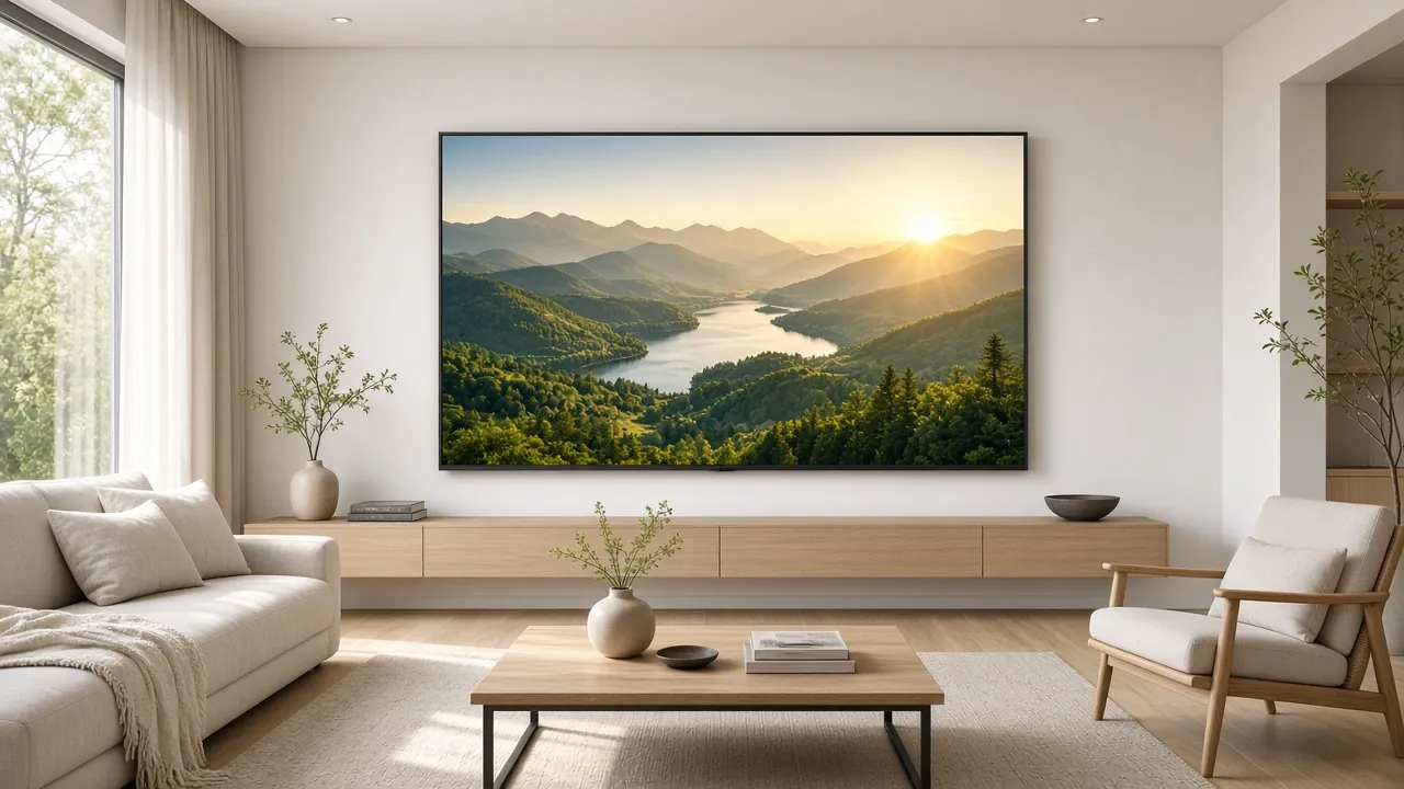 Ilustrație: televizor OLED pe perete, cu imagine curată după reparație (peisaj cu munți și lac)
